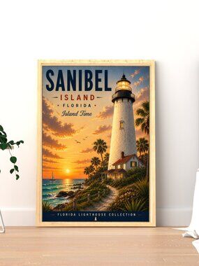 Sanibel Island Lighthouse 12×16 Vintage Coastal Wall Art